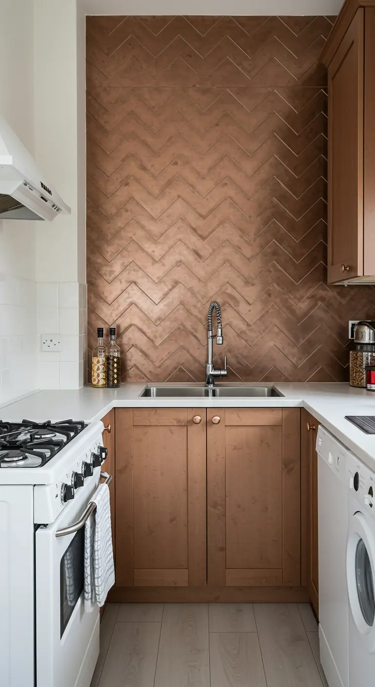 A small kitchen with a shimmering copper herringbone tile backsplash.