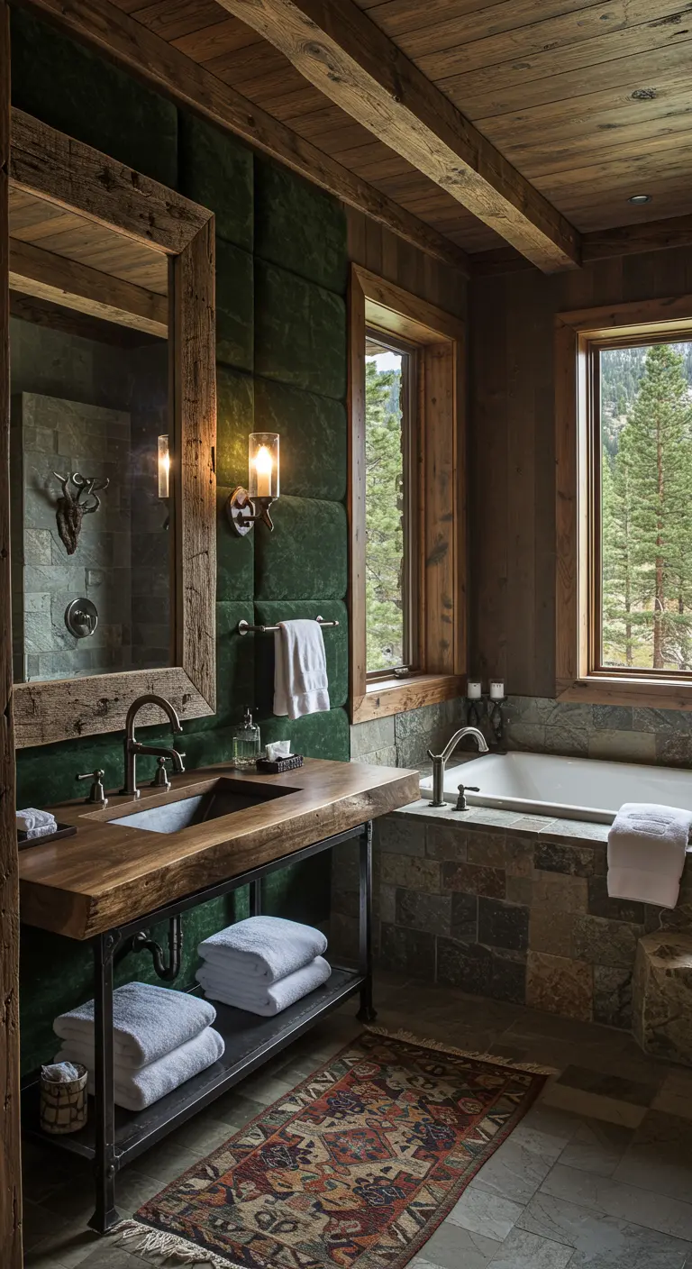 Rustic bathroom with dark green padded walls, exposed wood beams, and a stone bathtub.