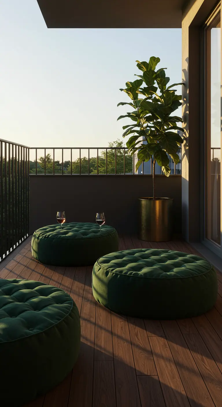 A modern balcony with three round, emerald green velvet floor cushions and a large plant in a brass pot.