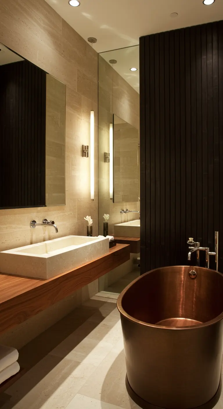 Modern bathroom with a dark wood wall, a freestanding copper tub, and light stone walls.