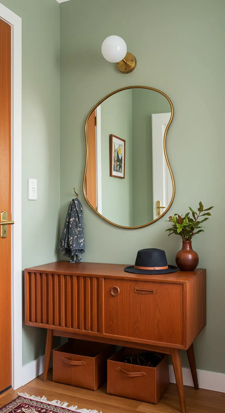 Mid-century teak console table with an organic-shaped mirror against a sage green wall.
