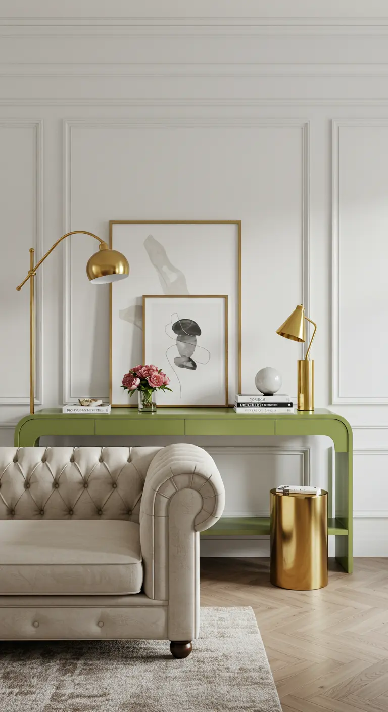 A cream-colored tufted sofa behind a bright green lacquered waterfall console table.