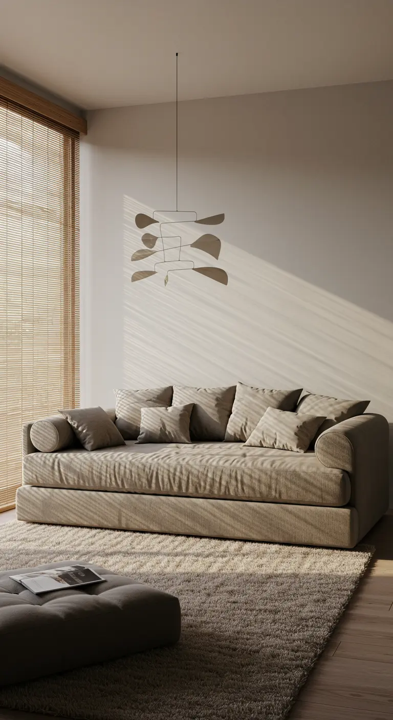 Greige living room with a large kinetic mobile hanging over the sofa.