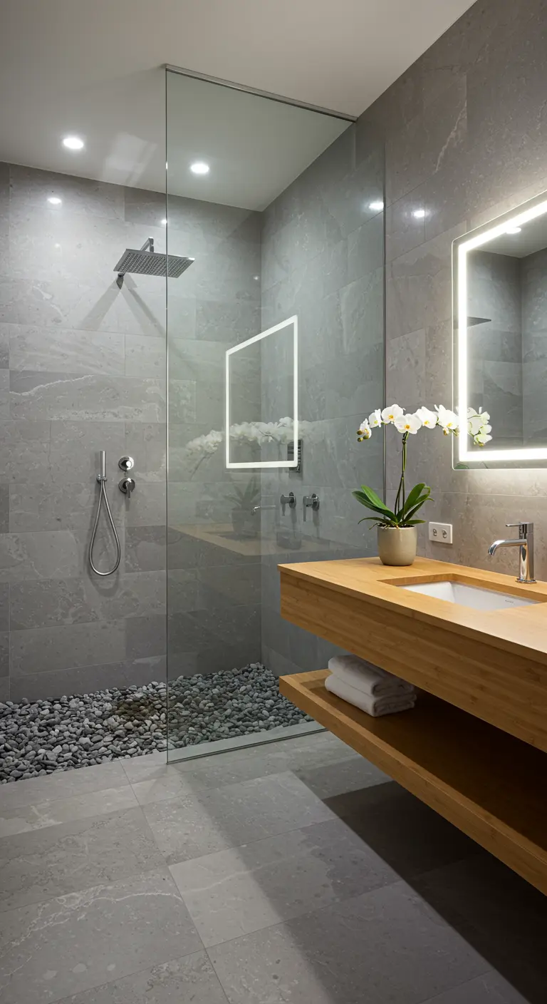 Modern bathroom with grey stone tile, a floating wood vanity, and a pebble-floored shower.