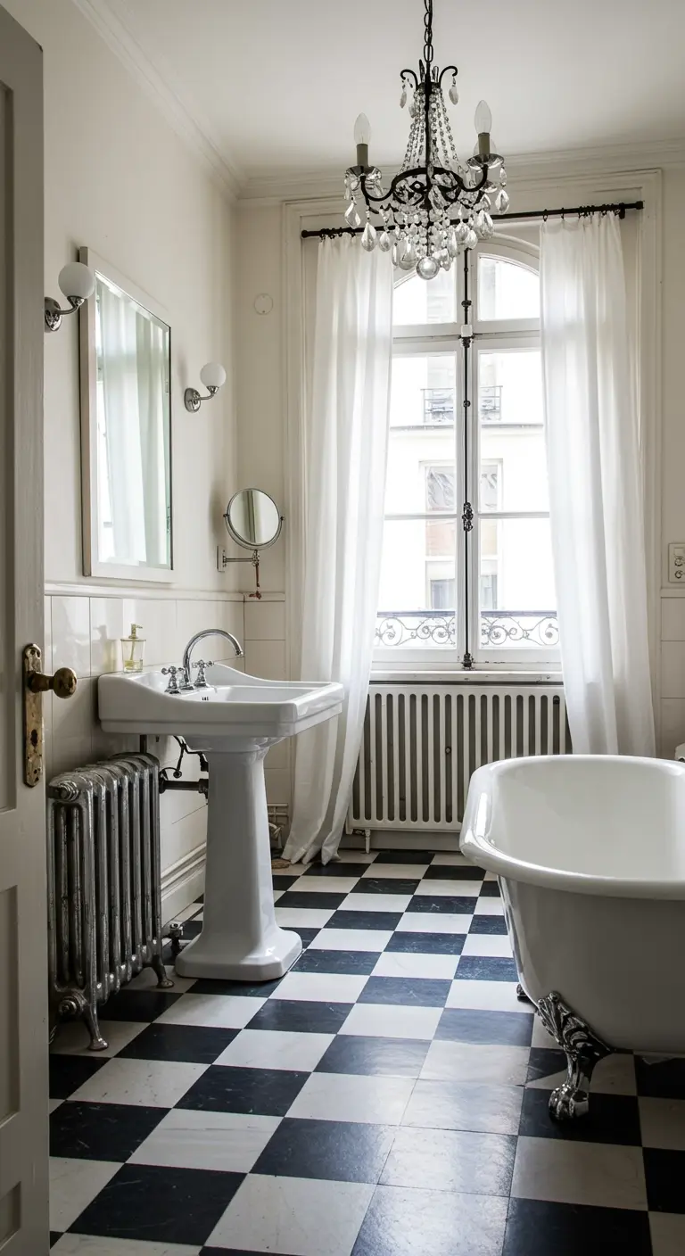 Parisian-style bathroom with a chandelier, long white curtains, and clawfoot tub.