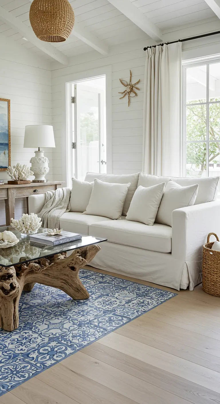 Coastal living room with white shiplap walls, a white sofa, and a blue and white tile-patterned rug.