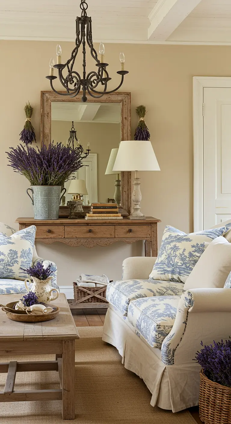 French country living room with blue-and-white toile slipcovered sofas and bunches of lavender.
