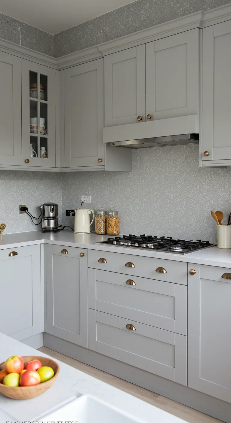 A light grey kitchen with a subtle, tone-on-tone patterned wallpaper used as a backsplash.