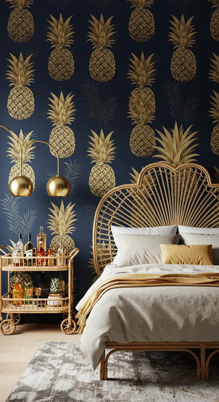 Bedroom with a navy and gold pineapple wallpaper, a rattan headboard, and a gold bar cart.