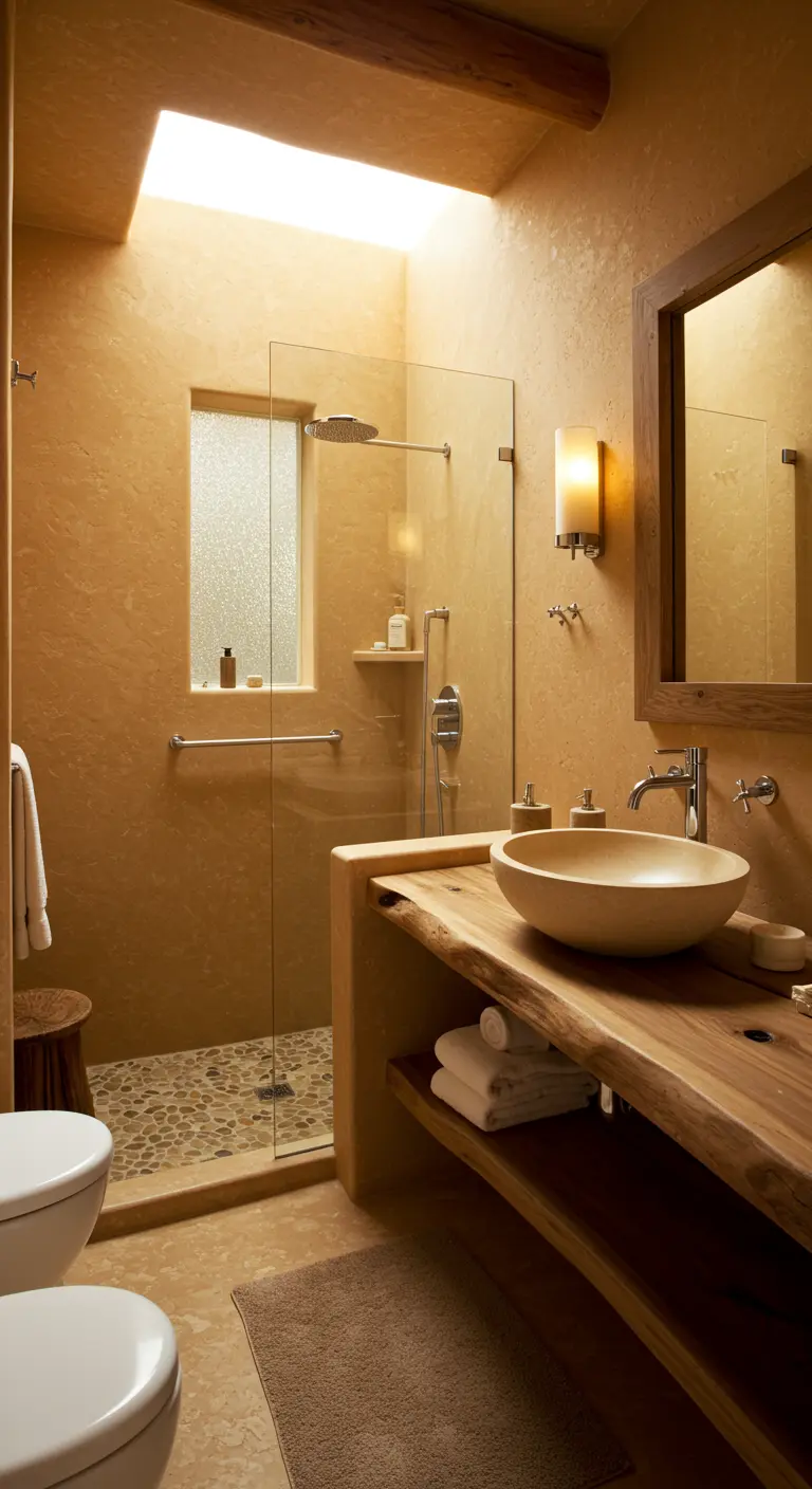 Bathroom with textured plaster walls, a live-edge wooden vanity, and a stone vessel sink.