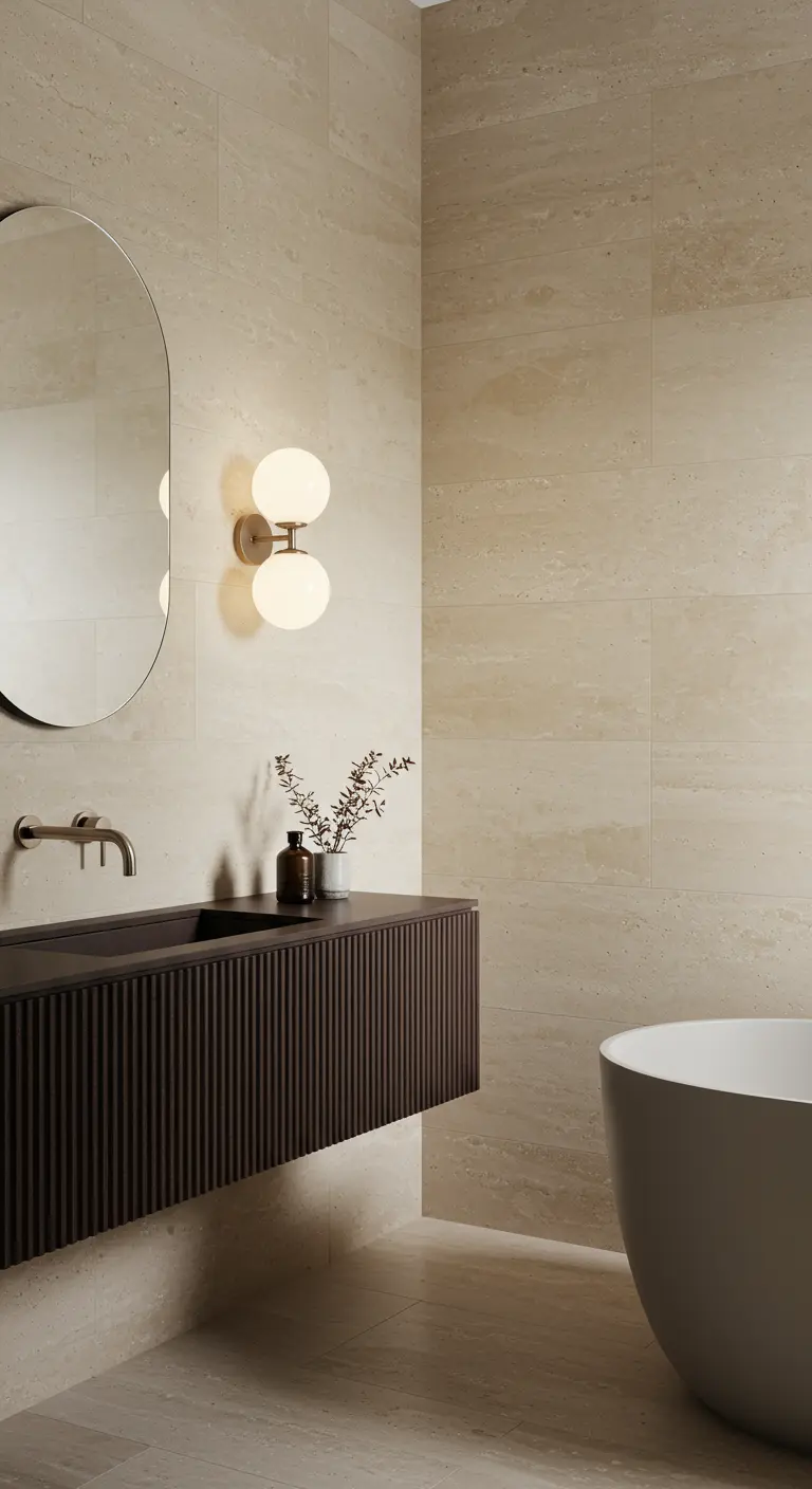 Neutral bathroom with a dark, fluted wood floating vanity.