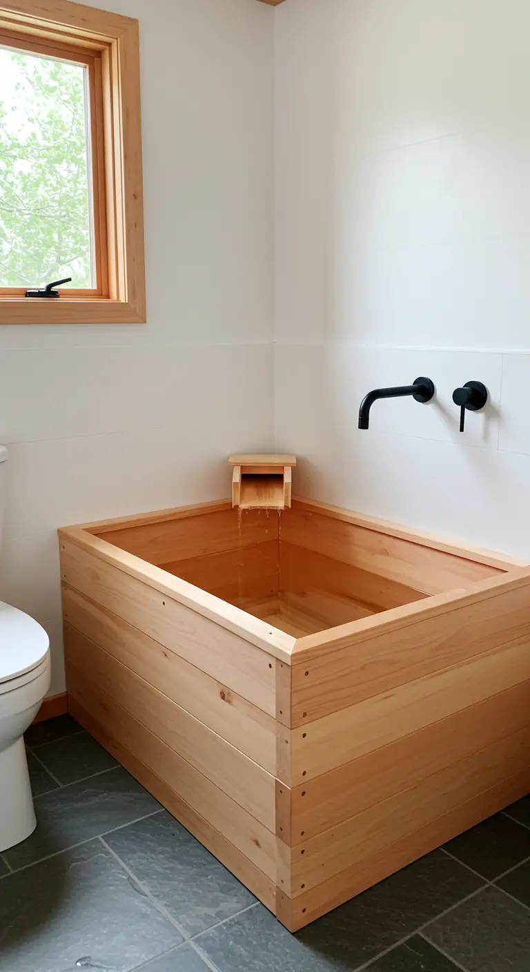 A square wooden Japanese-style soaking tub in a simple white and gray tiled bathroom.