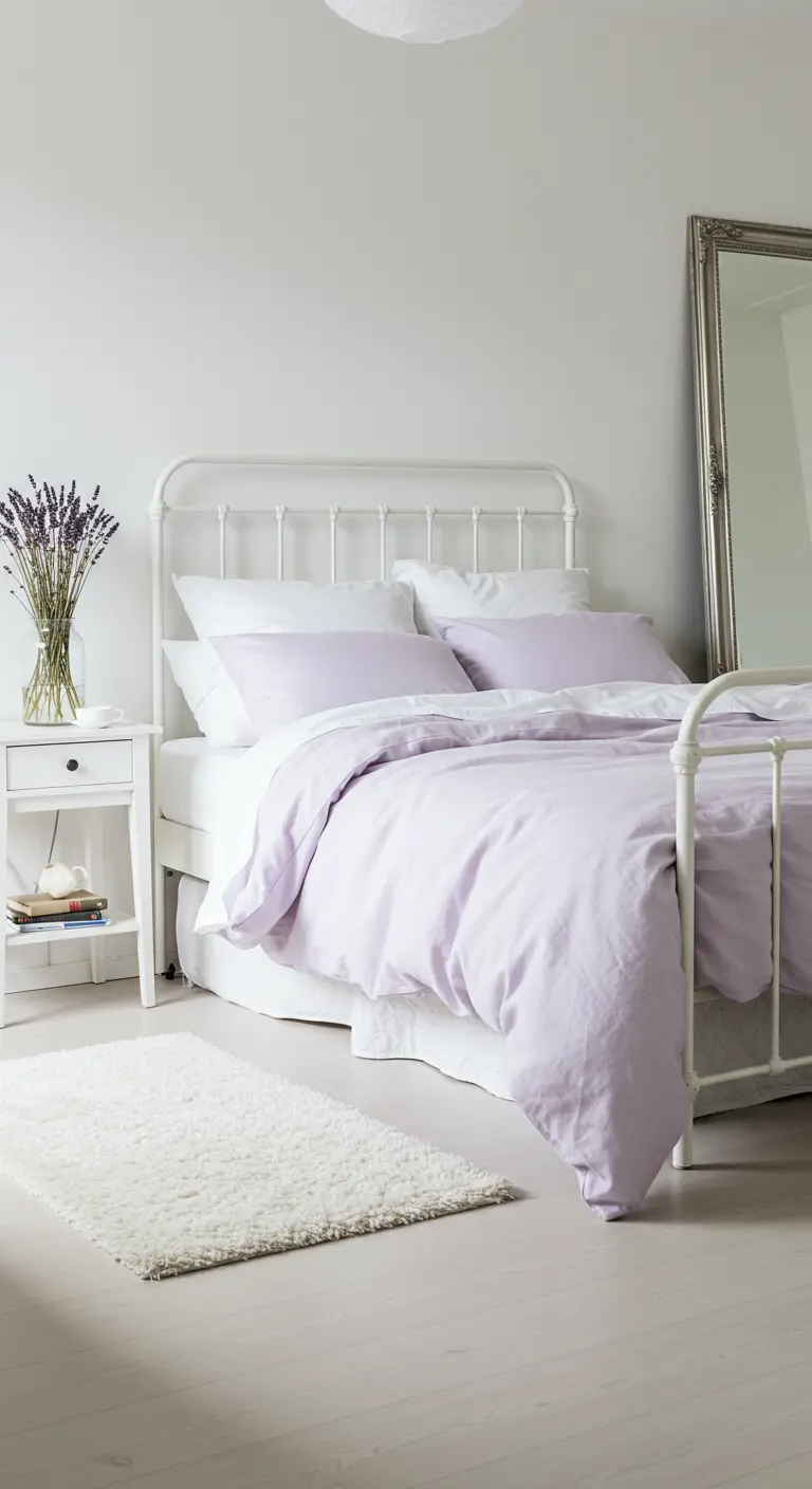 Bedroom with a white iron bed dressed in soft lavender and white bedding.