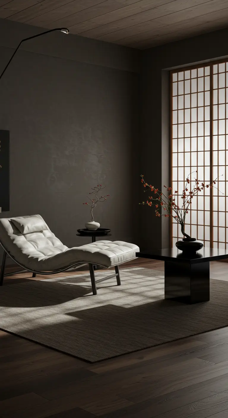 White chaise in a dark room with a Japanese shoji screen window filtering soft light.