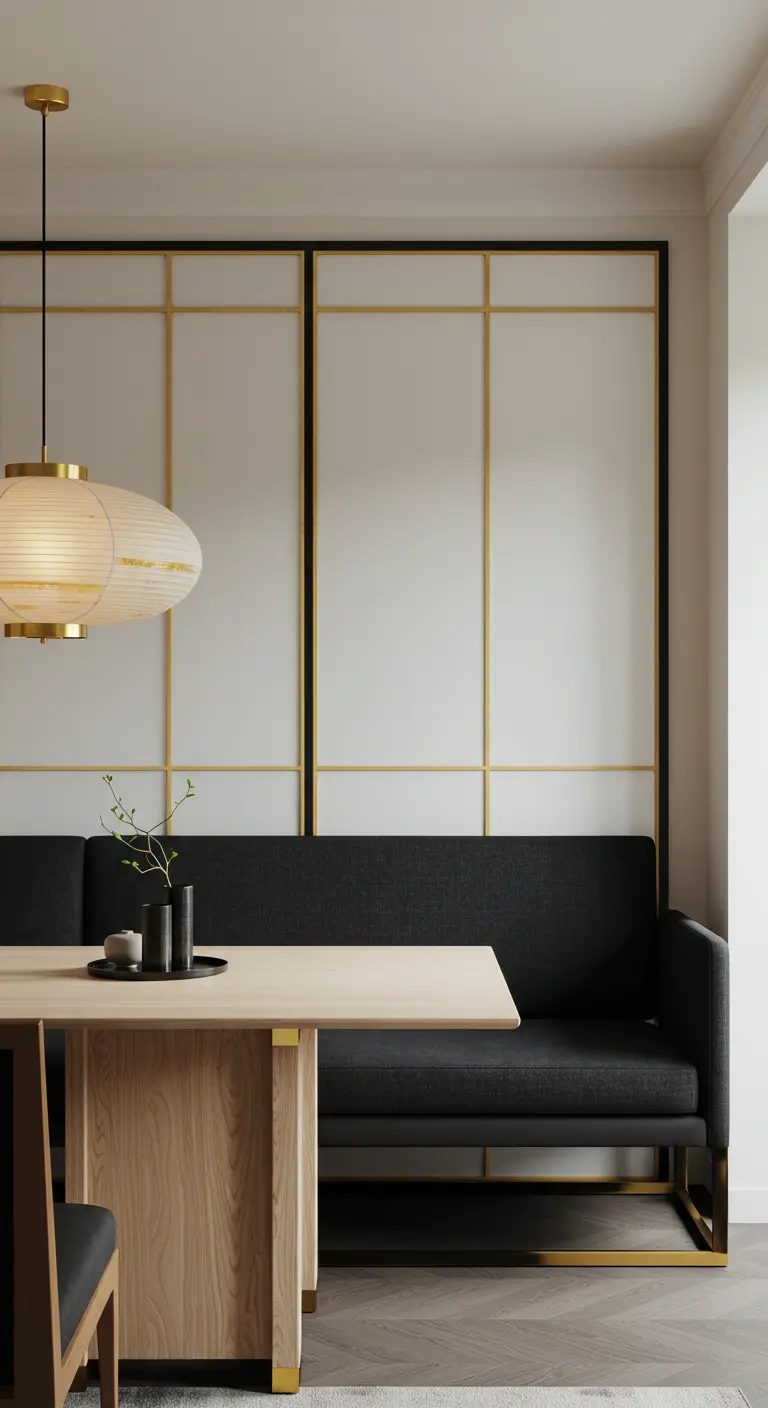 Minimalist dining room with Japanese-style wall panels, a black banquette, and a paper lantern.