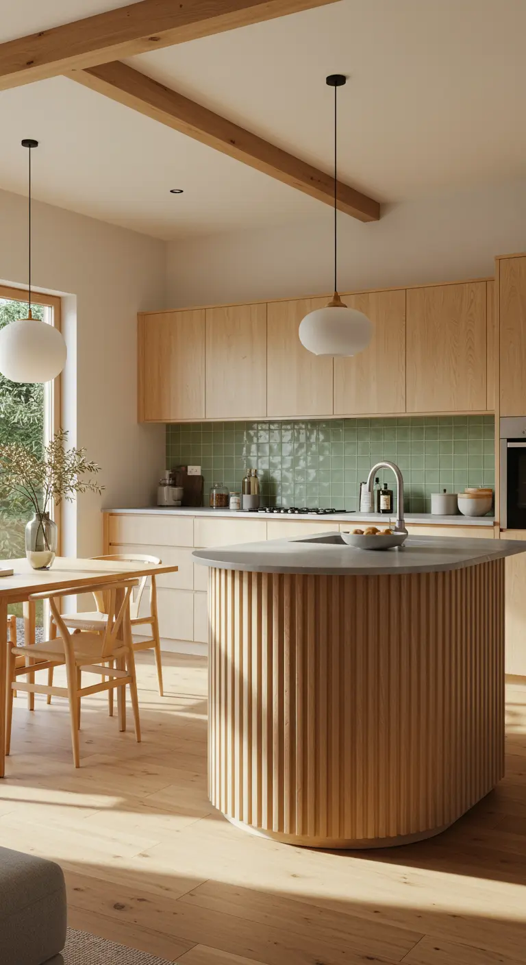Japandi kitchen with a fluted wood island, light wood cabinets, and green tile backsplash.