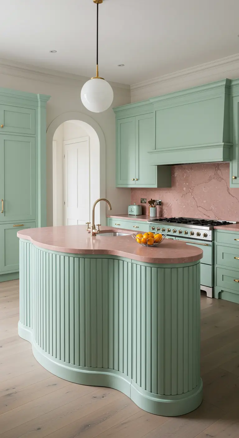 Kitchen with a unique curved, fluted island in mint green with a kidney-bean-shaped pink top.