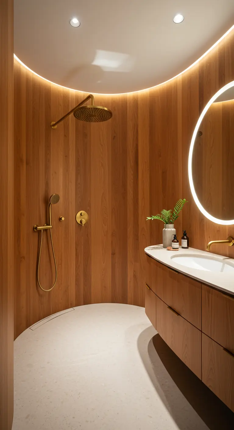 Bathroom with a curved wood-paneled wall and a large, round mirror with backlighting.