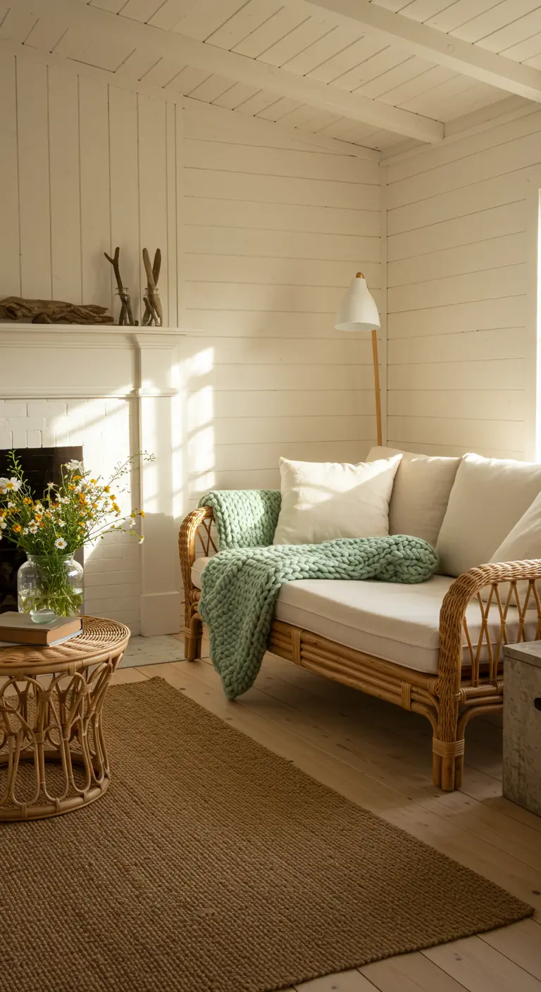 Rattan daybed with a chunky seafoam green knit throw blanket in a sunlit corner.