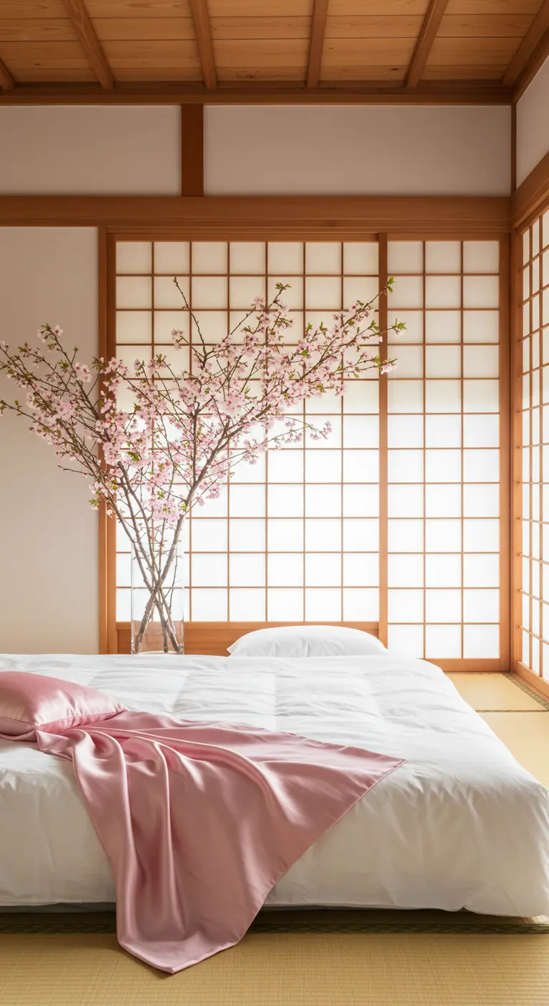 Japanese-style bedroom with a futon, a pink silk throw, and a vase of cherry blossoms.