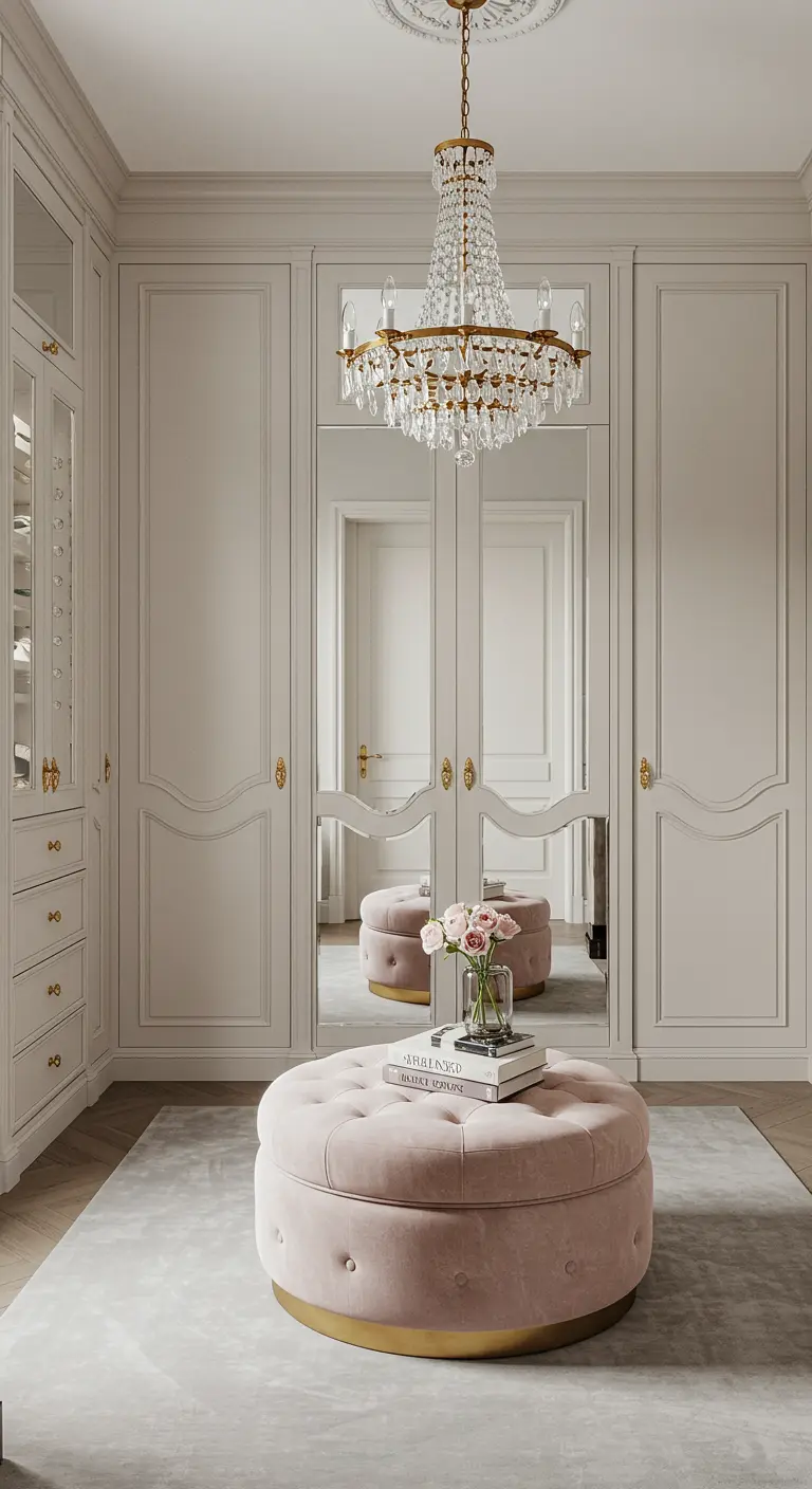 Elegant walk-in closet with a large, round blush pink tufted ottoman and mirrored wardrobe doors.
