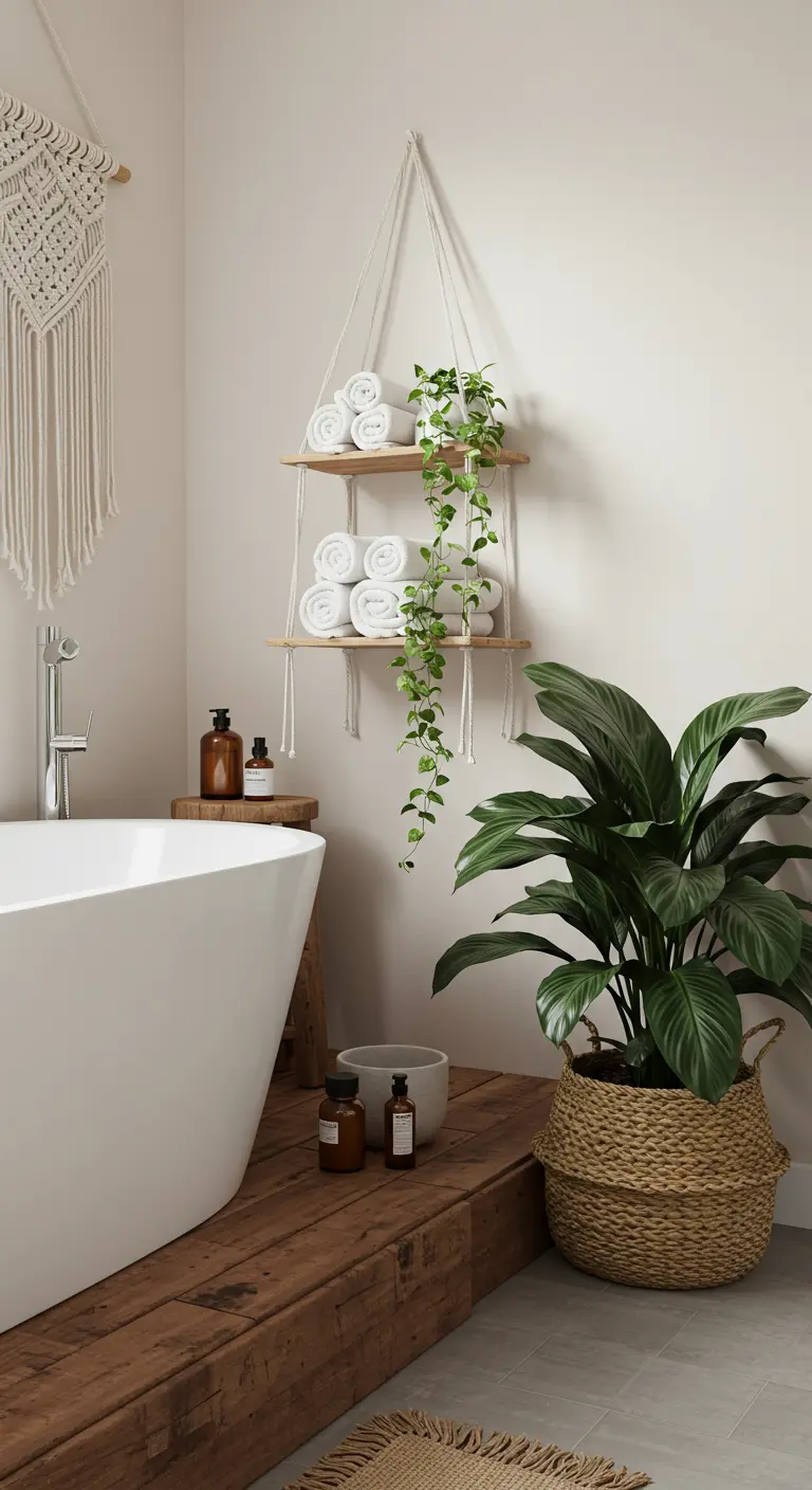 Bathroom with a freestanding tub, a large plant, and macrame hanging shelves.