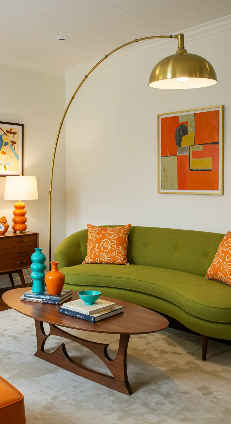 Living room with a green curved sofa, arc floor lamp, and abstract art.