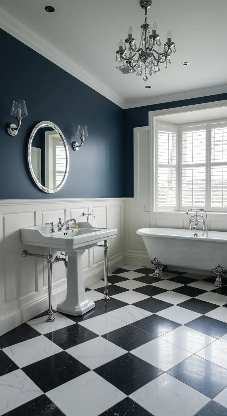 Elegant bathroom with deep navy blue walls, white wainscoting, and a chandelier.