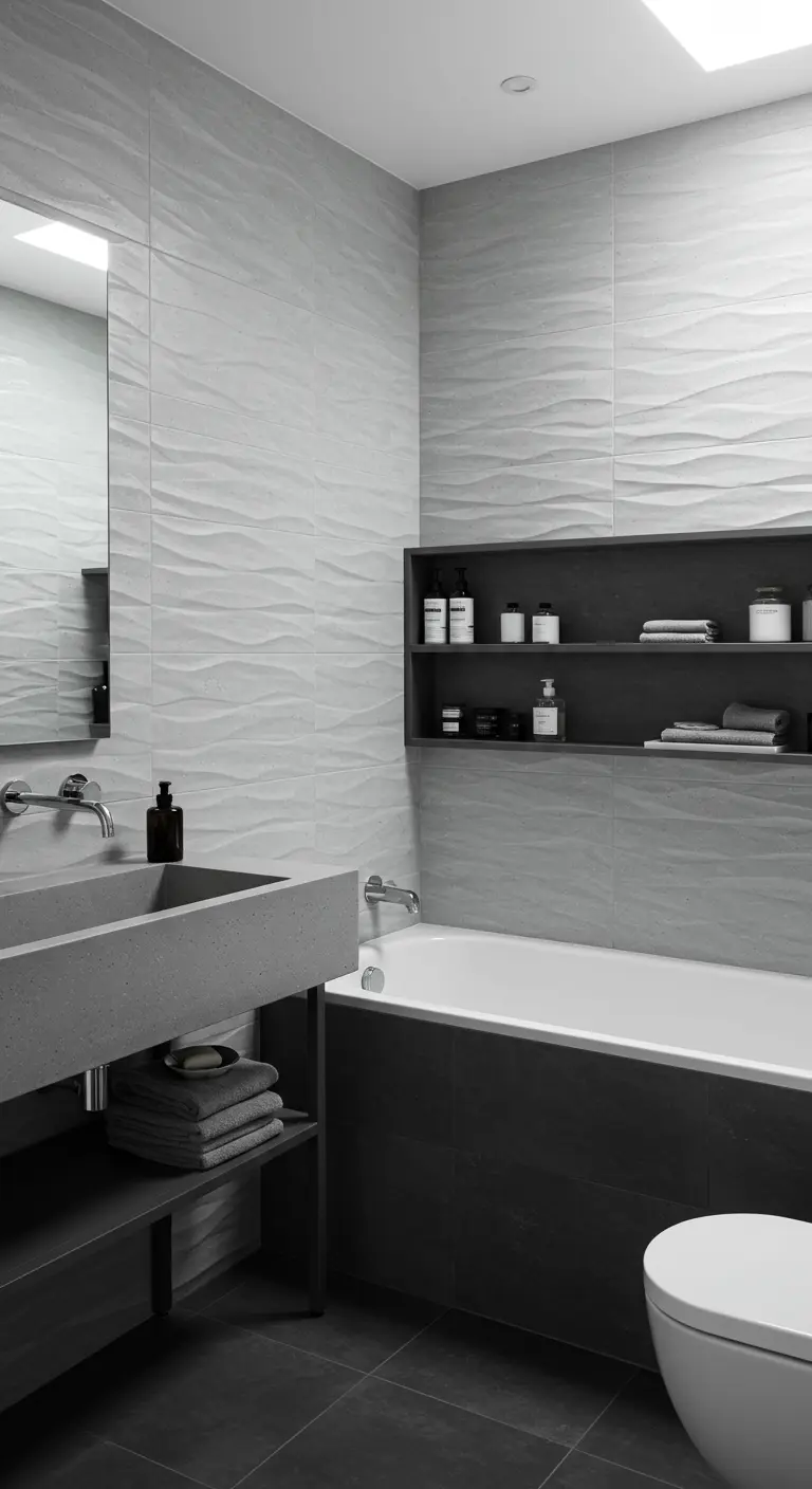 Gray minimalist bathroom with wavy textured wall tiles and a dark recessed niche.