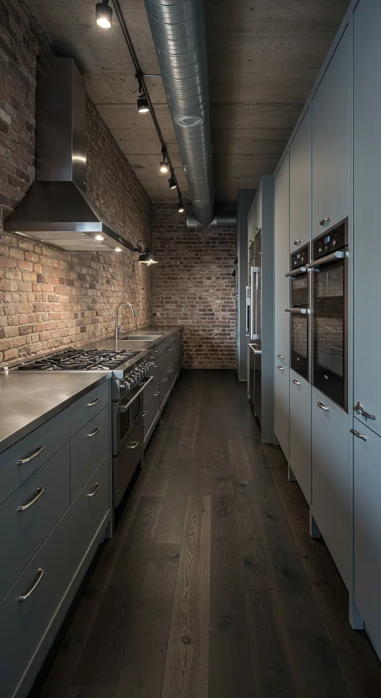 Industrial galley kitchen with matte grey cabinets, a stainless steel countertop, and an exposed brick wall.