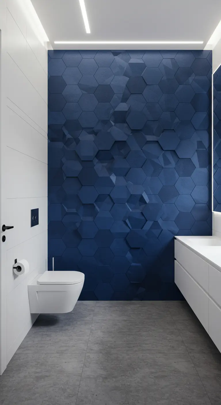 A minimalist white bathroom featuring a striking accent wall of 3D geometric sapphire blue tiles.