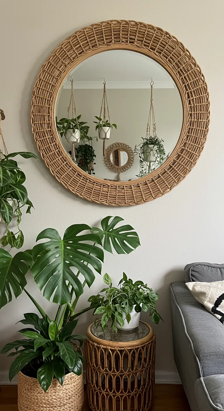 A large round mirror with a woven rattan frame surrounded by houseplants.