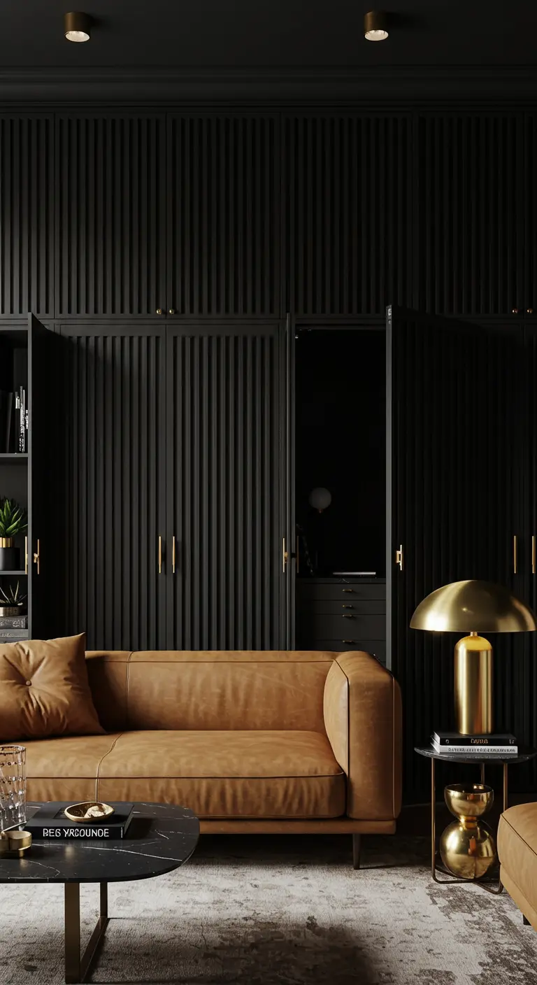 A sophisticated living room with black fluted cabinets, a cognac leather sofa, and brass accents.