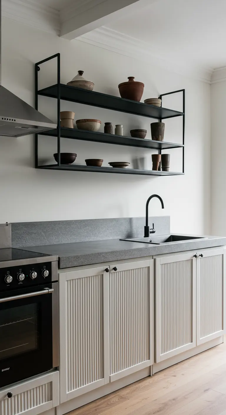 A kitchen with white fluted lower cabinets, a gray countertop, and black metal open shelves.