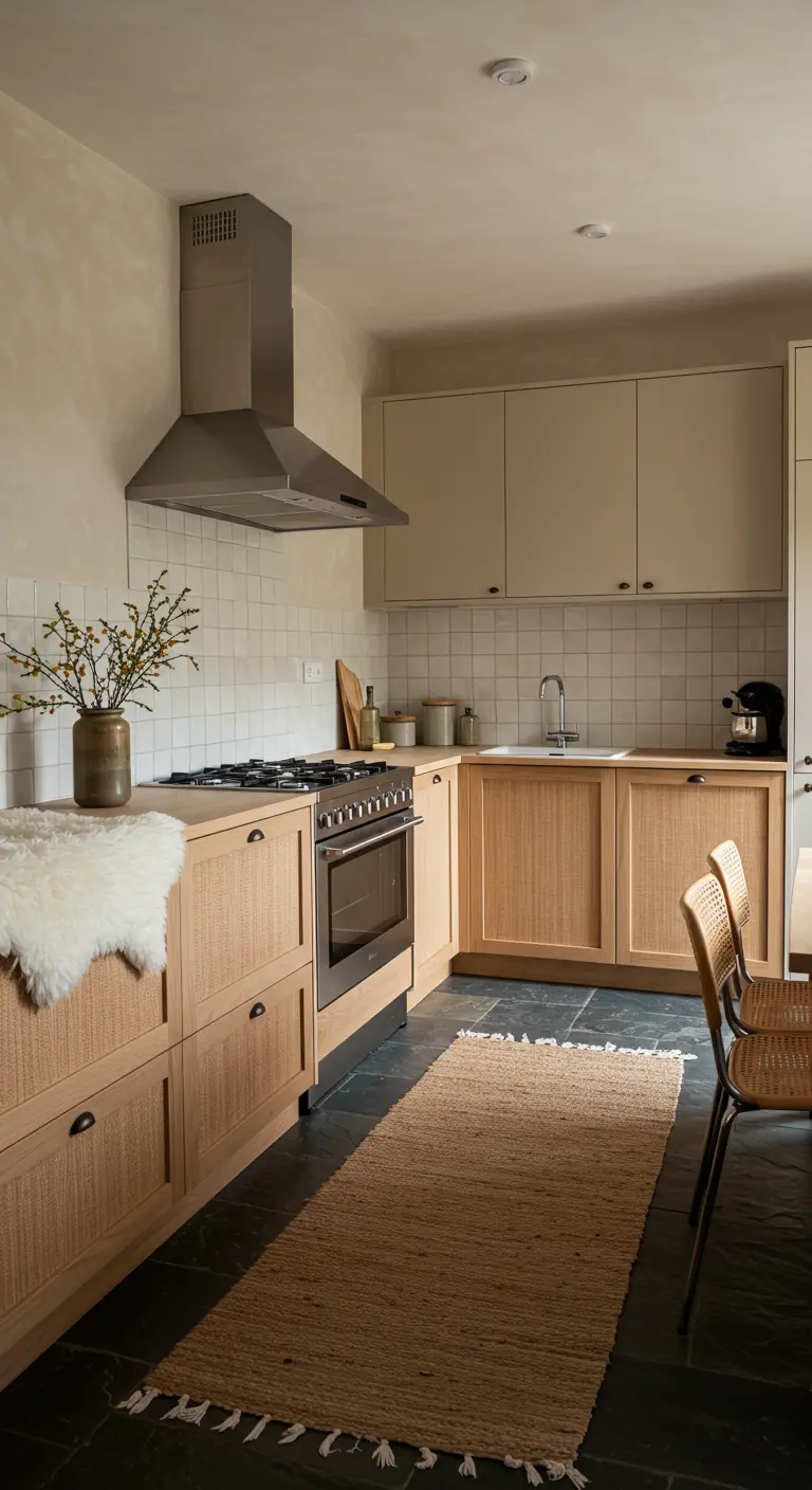 Japandi kitchen with light wood and rattan cabinets, slate floor, and a jute rug.