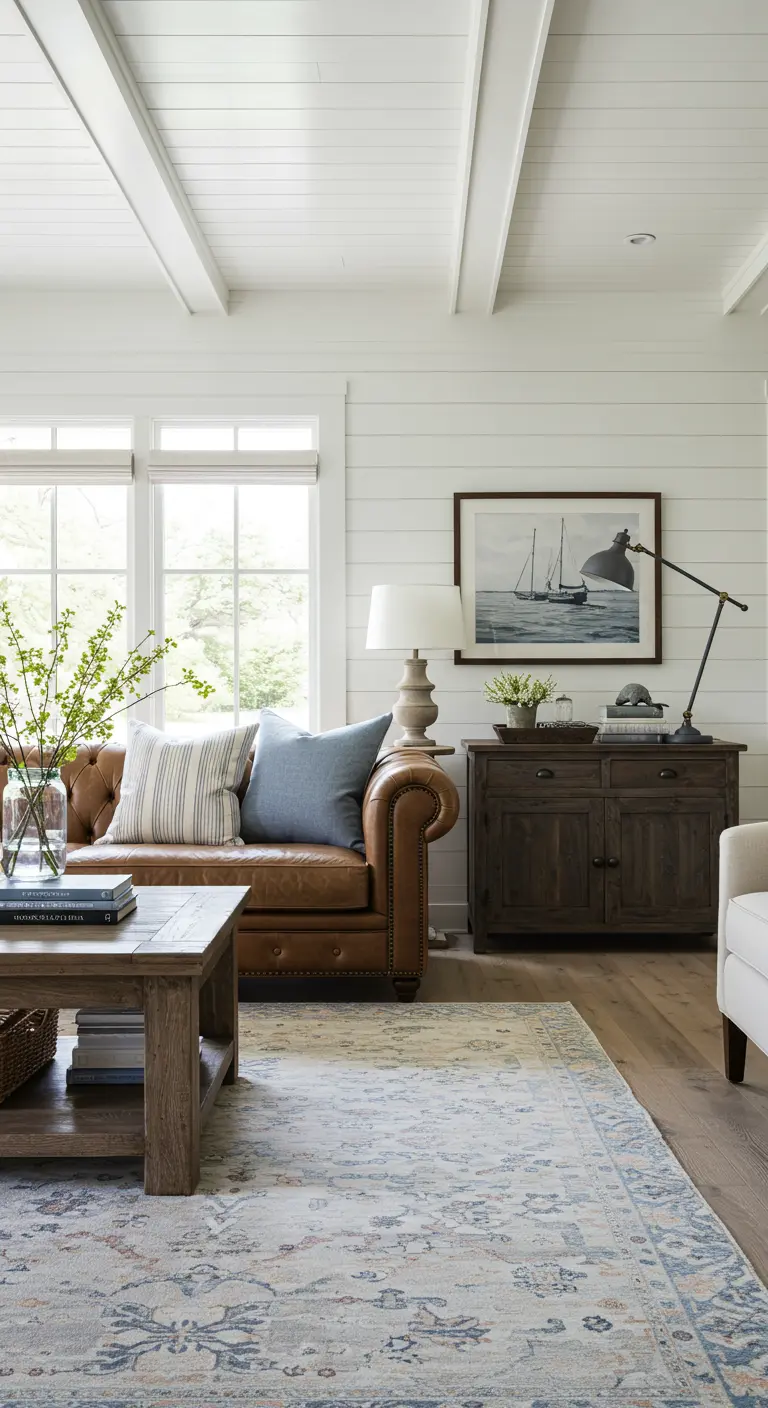 A brown leather Chesterfield sofa styled with blue and white striped pillows in a shiplap room.