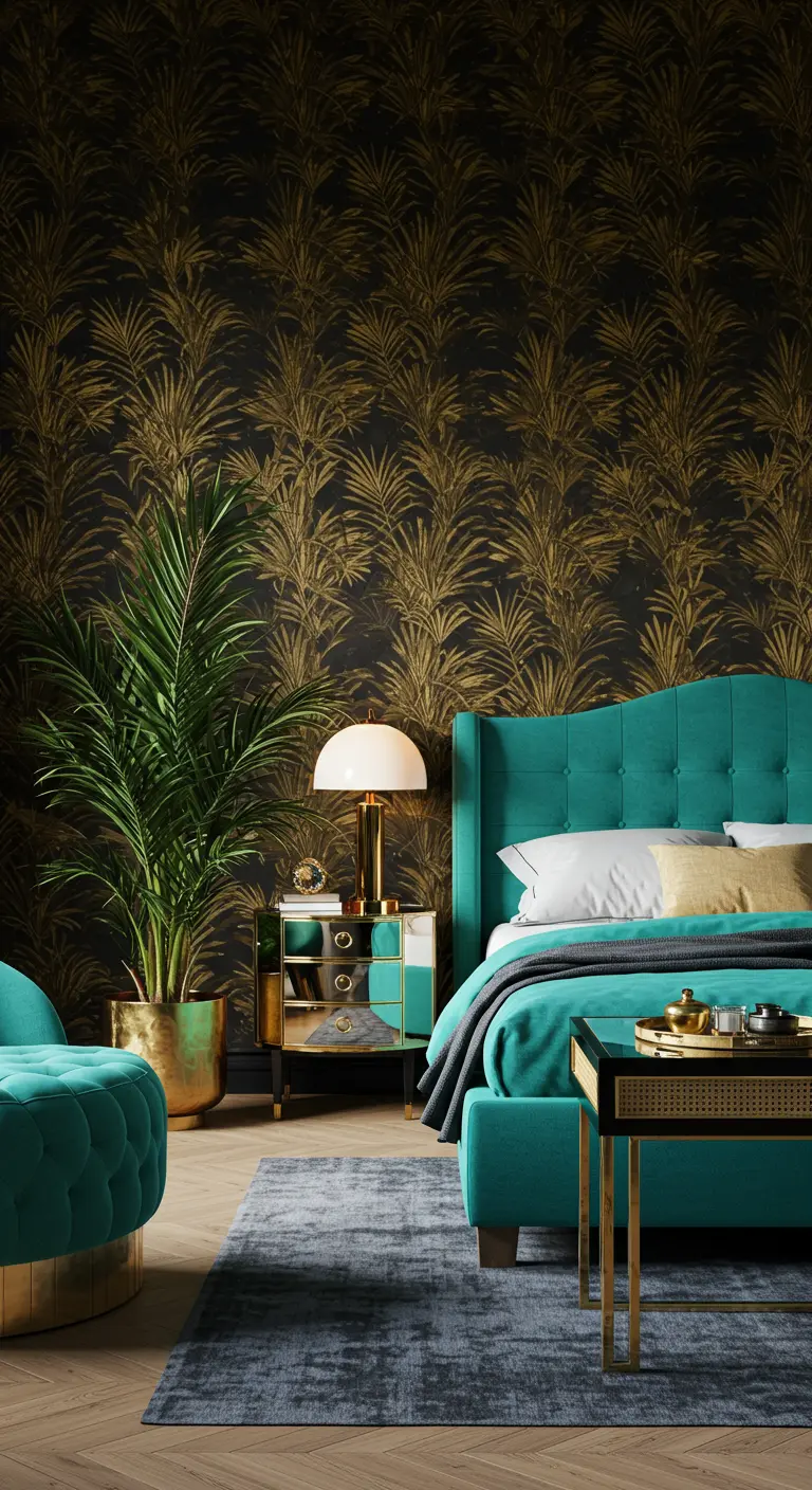 Bedroom with teal velvet furniture, a large palm plant, and gold palm leaf wallpaper.