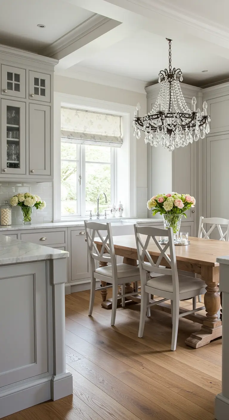 Gray farmhouse kitchen with a large crystal chandelier over the dining table.