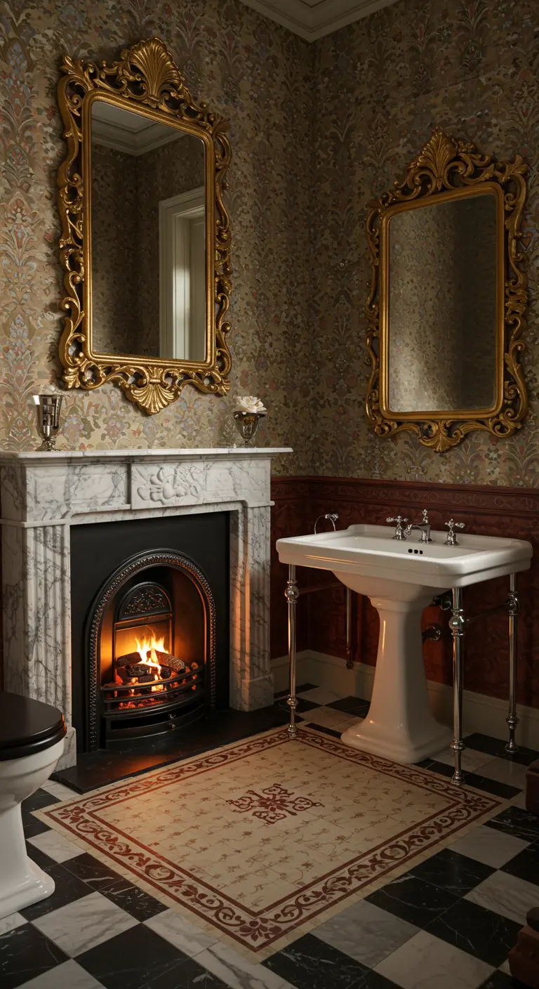 Victorian bathroom with a marble fireplace and black and white checkerboard floor.