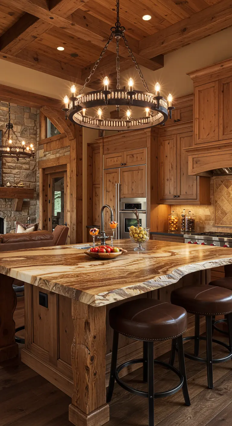 A rustic wood kitchen in a lodge setting with a live-edge marble countertop and a large iron chandelier.