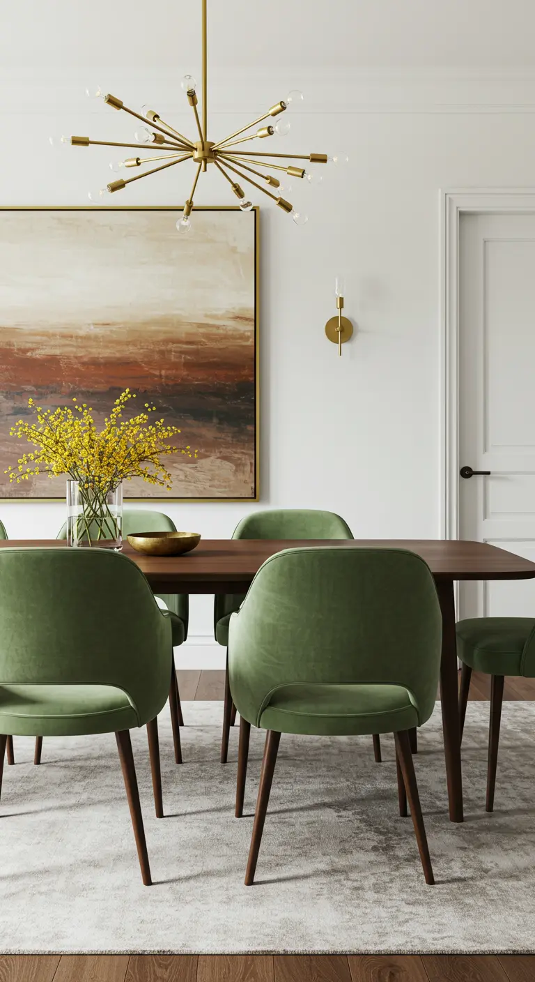 Dining room with sage green velvet chairs, a wood table, and a brass sputnik chandelier.