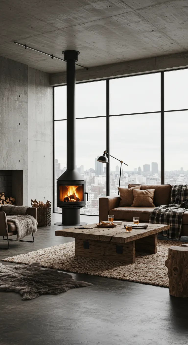 A modern suspended black fireplace serves as the centerpiece of a cozy loft living room.