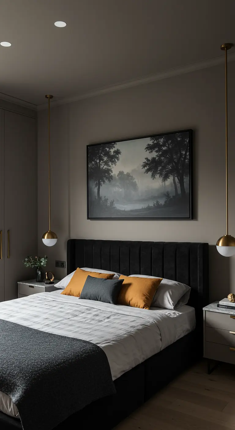 Neutral bedroom with a black headboard, mustard pillows, and asymmetrical brass pendants.
