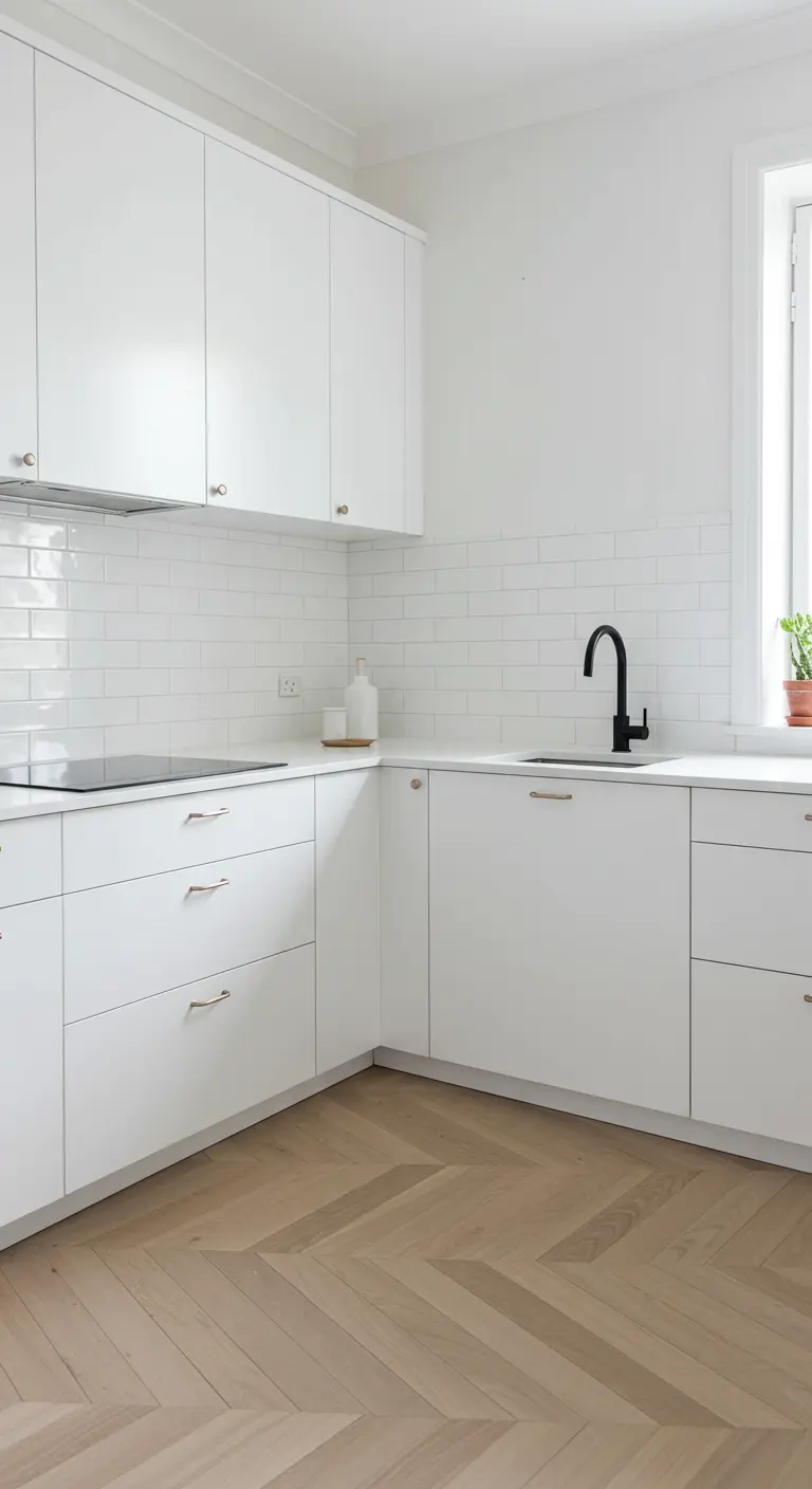 All-white kitchen with a white subway tile backsplash and a light wood herringbone floor.