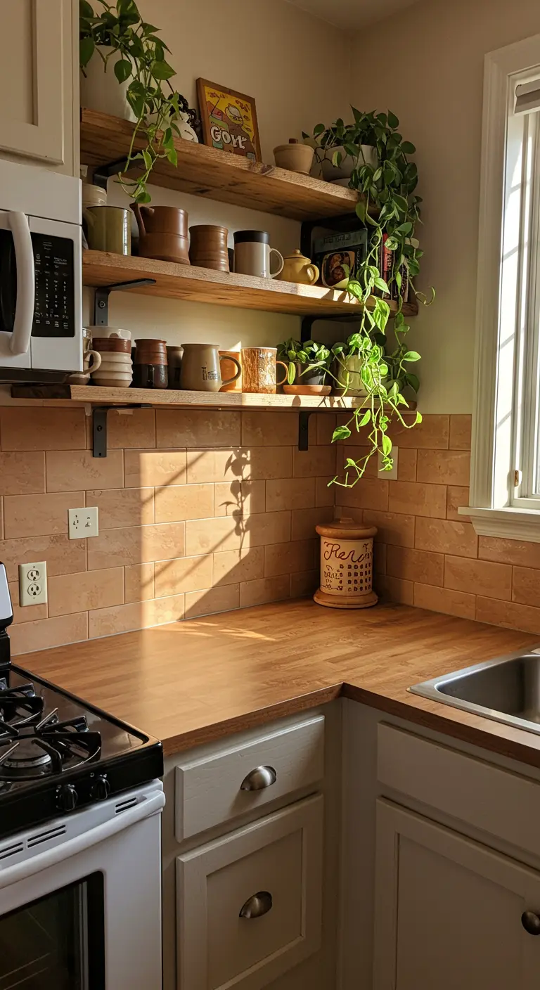 A cozy kitchen with terracotta peel-and-stick tiles and wood-look countertops.