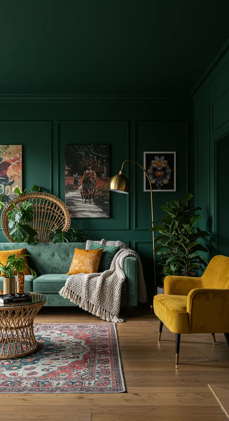 Bohemian-style living room with green walls, a mustard yellow chair, and a rattan coffee table.