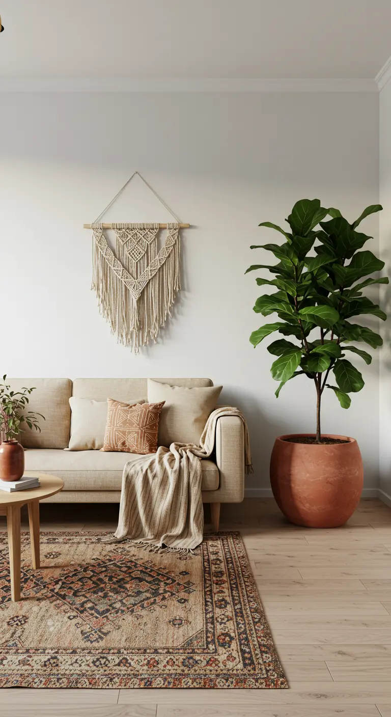 Beige sofa with a terracotta planter, macrame wall hanging, and patterned rug.