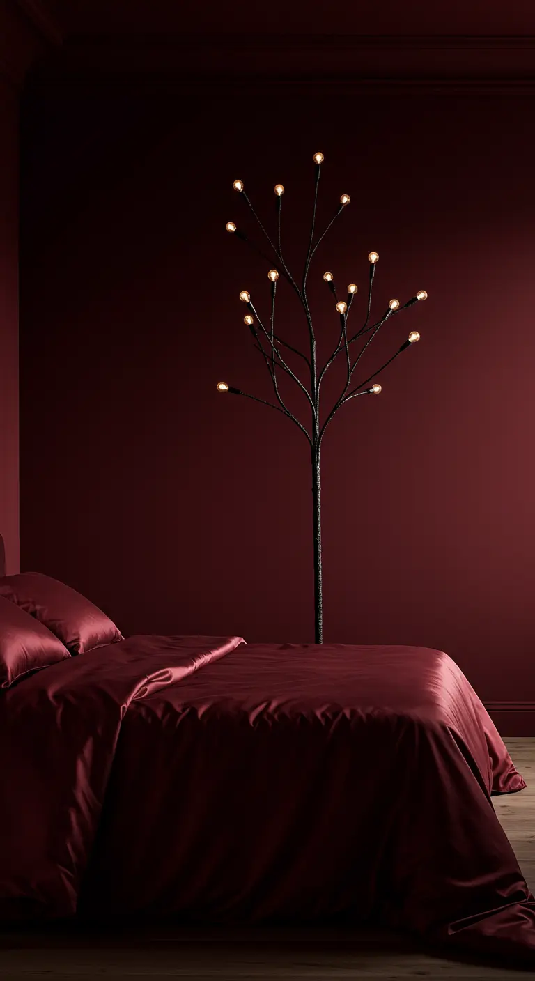 Deep red bedroom with a floor lamp shaped like a black tree with lights.