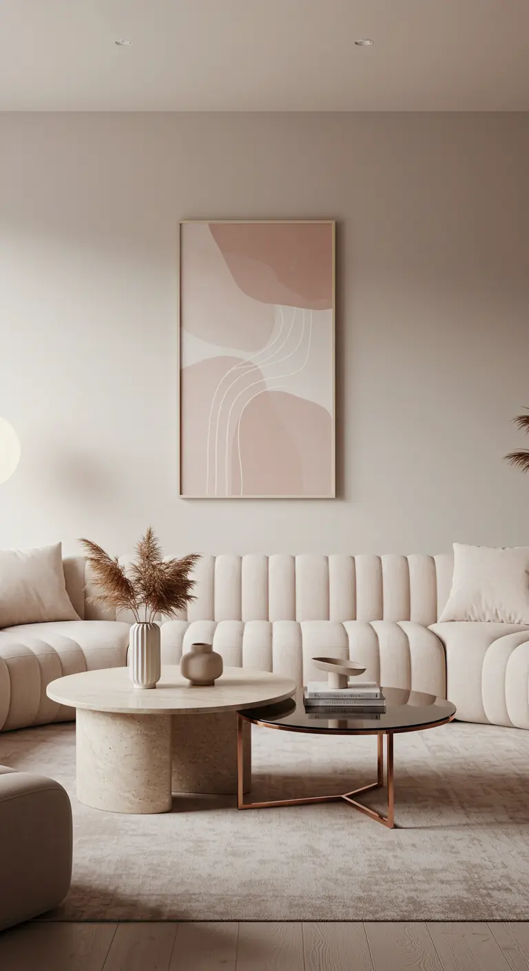 Neutral living room with a cream sofa and a large abstract painting with blush pink tones.