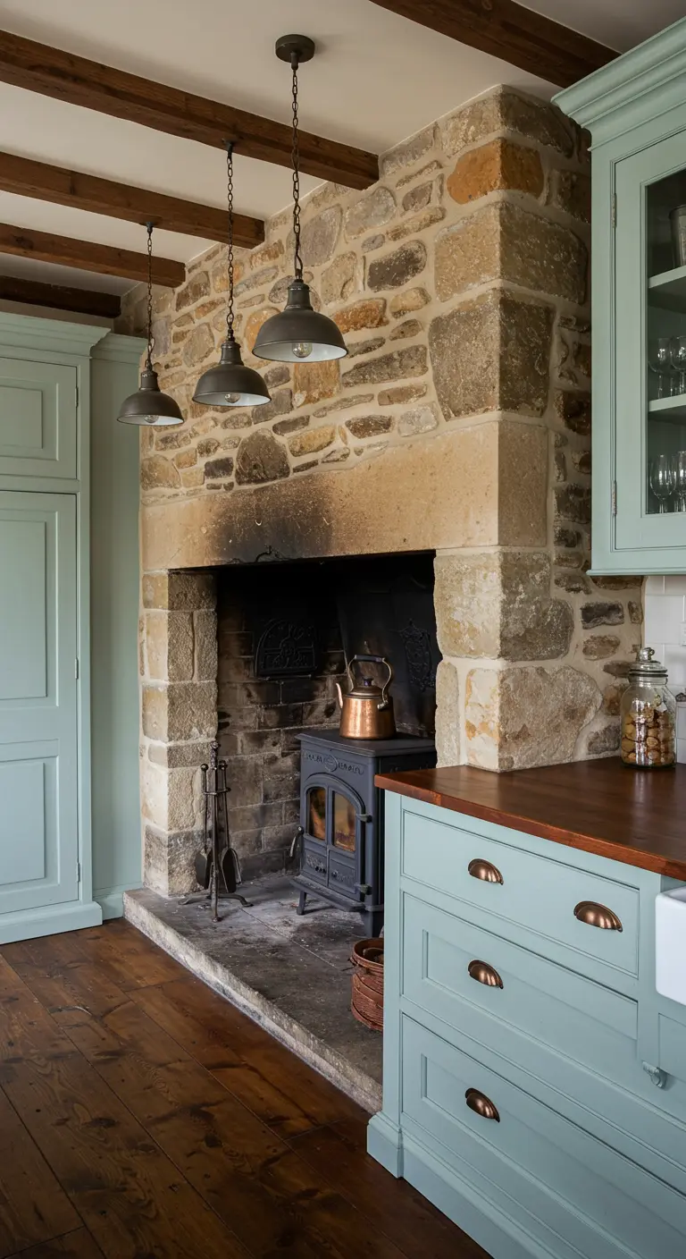 A Country French kitchen with light blue cabinets and a large, rustic stone fireplace with a wood stove.